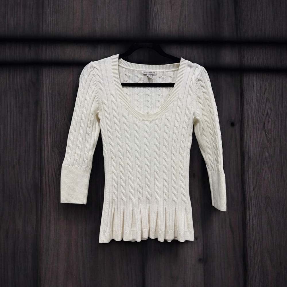 Boston Proper Cream Cable Scoop Neck Sweater with Peplum Hem